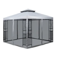SUGIFT 10' X 10' Outdoor Patio Gazebo Canopy With Mesh Netting Sidewalls And Steel Frame - Light Gray