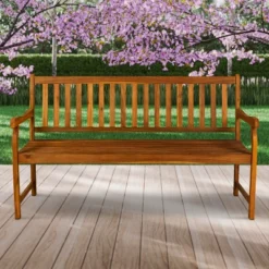Laurel 3-Seat Slat-Back Acacia Wood Outdoor Garden Patio Bench - JONATHAN Y