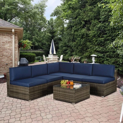 3pc Outdoor Rattan Wicker Conversation Set With Accent Table & Sectional - Brown/Blue - GODEER 3 3pc Outdoor Rattan Wicker Conversation Set With Accent Table & Sectional - Brown/Blue - GODEER