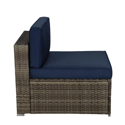 3pc Outdoor Rattan Wicker Conversation Set With Accent Table & Sectional - Brown/Blue - GODEER 7 3pc Outdoor Rattan Wicker Conversation Set With Accent Table & Sectional - Brown/Blue - GODEER - Image 5