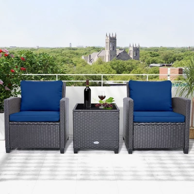 Costway 3PCS Patio Wicker Furniture Set With Beige & Navy Cushion Covers Balcony 3 Costway 3PCS Patio Wicker Furniture Set With Beige & Navy Cushion Covers Balcony