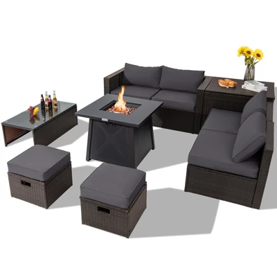 Tangkula 9PCS Outdoor Patio Furniture Set With 30" Propane Fire Pit Table PE Wicker Space-Saving Sectional Sofa Set W/ Storage Box & Cushions 13 Tangkula 9PCS Outdoor Patio Furniture Set With 30" Propane Fire Pit Table PE Wicker Space-Saving Sectional Sofa Set W/ Storage Box & Cushions - Image 11