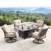 5pc Outdoor Dining Set With 48" Rectangle Fire Table, Deep Seating Swivel Rocking Chairs, Wind Blocker Lid & Fabric Covers - Oakland Living