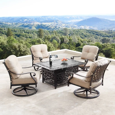 5pc Outdoor Dining Set With 48" Rectangle Fire Table, Deep Seating Swivel Rocking Chairs, Wind Blocker Lid & Fabric Covers - Oakland Living 3 5pc Outdoor Dining Set With 48" Rectangle Fire Table, Deep Seating Swivel Rocking Chairs, Wind Blocker Lid & Fabric Covers - Oakland Living