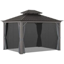 Outsunny Patio Gazebo 10' X 12', Netting & Curtains, 2 Tier Double Vented Steel Roof, Hardtop, Ceiling Hooks, Rust Proof Aluminum, Gray -Sunnydaze Decor Store GUEST 7ad8841c 3dec 4ff2 9ab5 23ef303cf76c