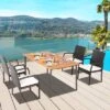Costway 5PCS Patio Dining Set Cushion Armchairs Acacia Wood Table With Umbrella Hole