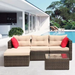 5pc Wicker Patio Sectional Seating Set With Shallow Cushions - Brown - GODEER -Sunnydaze Decor Store GUEST 7be5e328 e1ef 46f4 8863 bb92692cb4e7