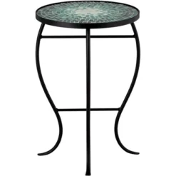 Teal Island Designs Modern Black Round Outdoor Accent Side Table 14" Wide Green Mosaic Front Porch Patio House Balcony Deck Shed -Sunnydaze Decor Store GUEST 7cc10e06 4208 4696 b134 4f3937adb4b0