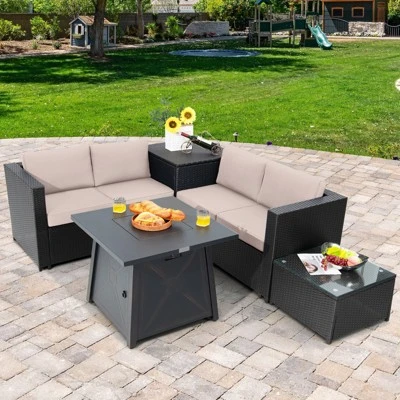 Tangkula 5PCS Outdoor Patio Furniture Set With 50,000 BTU Propane Fire Pit Table Patio Conversation Set W/ Cushions, Storage Box, Coffee Table Beige 3 Tangkula 5PCS Outdoor Patio Furniture Set With 50,000 BTU Propane Fire Pit Table Patio Conversation Set W/ Cushions, Storage Box, Coffee Table Beige
