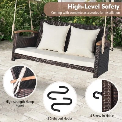 Costway Patio Rattan Porch Swing 2-Person Hanging Chair Cushioned Loveseat For Backyard 9 Costway Patio Rattan Porch Swing 2-Person Hanging Chair Cushioned Loveseat For Backyard - Image 7