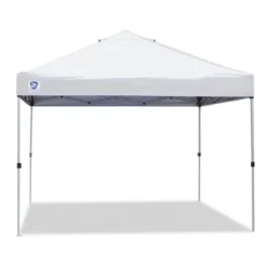 Z-Shade Angled Leg Canopy Tent With Push Button Locking System And 4 Pack Of 5 Pound Plastic Concrete Filled Leg Weight Plates, White