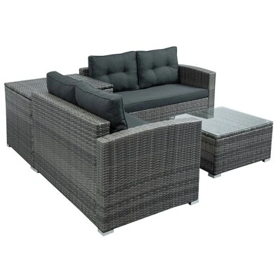4pc Wicker Patio Set With Large Storage Box & Cushions - Gray - GODEER 3 4pc Wicker Patio Set With Large Storage Box & Cushions - Gray - GODEER