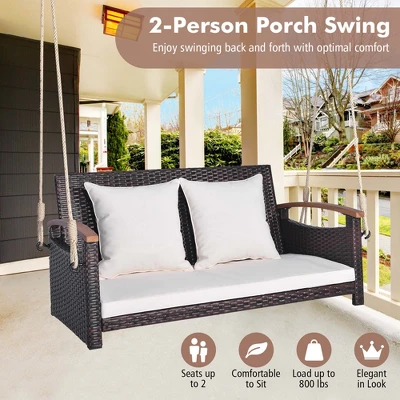 Costway Patio Rattan Porch Swing 2-Person Hanging Chair Cushioned Loveseat For Backyard 7 Costway Patio Rattan Porch Swing 2-Person Hanging Chair Cushioned Loveseat For Backyard - Image 5