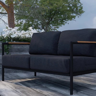 Merrick Lane Outdoor Loveseat With Removable Plush Fabric Cushions And Teak Accented Aluminum Frame 9 Merrick Lane Outdoor Loveseat With Removable Plush Fabric Cushions And Teak Accented Aluminum Frame - Image 7