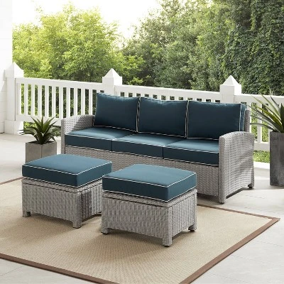 Bradenton 3pc Outdoor Wicker Sofa & 2 Ottoman Set - Navy/Gray - Crosley 3 Bradenton 3pc Outdoor Wicker Sofa & 2 Ottoman Set - Navy/Gray - Crosley
