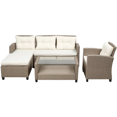 4pc Wicker Patio Sectional Seating Set With Cushions - Beige/Brown - GODEER 5 4pc Wicker Patio Sectional Seating Set With Cushions - Beige/Brown - GODEER - Image 3