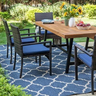 6pc Patio Dining Set With Acacia Wood Table & Bench And 4 PE Rattan Chairs - Captiva Designs 4 6pc Patio Dining Set With Acacia Wood Table & Bench And 4 PE Rattan Chairs - Captiva Designs - Image 2