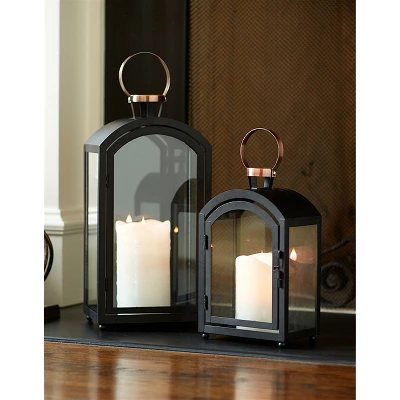 Melrose Set Of 2 Black Metal Dome Lanterns With Copper Handle 20" 4 Melrose Set Of 2 Black Metal Dome Lanterns With Copper Handle 20" - Image 2