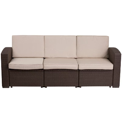 Merrick Lane Outdoor Furniture Resin Sofa Chocolate Brown Faux Rattan Wicker Pattern Patio 3-Seat Sofa With All-Weather Beige Cushions 4 Merrick Lane Outdoor Furniture Resin Sofa Chocolate Brown Faux Rattan Wicker Pattern Patio 3-Seat Sofa With All-Weather Beige Cushions - Image 2
