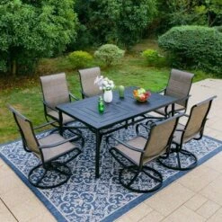 7pc Outdoor Dining Set With Padded Swivel Chairs & Metal Rectangle Table With Umbrella Hole - Gray - Captiva Hole -Sunnydaze Decor Store GUEST 864eaacc b1f7 4c07 926c e2052ceb9776