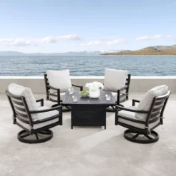 5pc Outdoor Dining Set With 42" Aluminum Square Medallion Design Fire Table & Deep Seating Swivel Rocking Chairs - Oakland Living