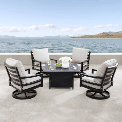 5pc Outdoor Dining Set With 42" Aluminum Square Medallion Design Fire Table & Deep Seating Swivel Rocking Chairs - Oakland Living 3 5pc Outdoor Dining Set With 42" Aluminum Square Medallion Design Fire Table & Deep Seating Swivel Rocking Chairs - Oakland Living