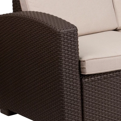 Merrick Lane Outdoor Furniture Resin Sofa Chocolate Brown Faux Rattan Wicker Pattern Patio 3-Seat Sofa With All-Weather Beige Cushions 12 Merrick Lane Outdoor Furniture Resin Sofa Chocolate Brown Faux Rattan Wicker Pattern Patio 3-Seat Sofa With All-Weather Beige Cushions - Image 10
