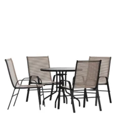Emma And Oliver Five Piece Patio Table Set With Round Metal Table With Tempered Glass Top And 4 Flex Comfort Stacking Chairs -Sunnydaze Decor Store GUEST 880de0a8 43dc 4d72 9132 9836a50aef28