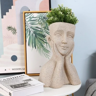 LuxenHome Speckled Beige MgO Happy Bust Head Planter 5 LuxenHome Speckled Beige MgO Happy Bust Head Planter - Image 3