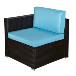 5pc Outdoor Rattan Wicker Conversation Set With Sofas, Chair, Coffee Table & Ottoman - Brown/Blue - GODEER -Sunnydaze Decor Store GUEST 8be7c0ed e445 40e7 b9f0 57ca5b80ca94 1