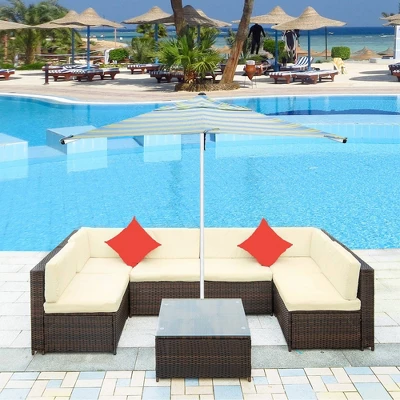 7pc Wicker Patio Sofa Set With Cushions - Brown/Beige - GODEER 5 7pc Wicker Patio Sofa Set With Cushions - Brown/Beige - GODEER - Image 3