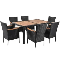 7pc Outdoor Wicker Dining Set With Acacia Wood Tabletop & Cushions - Beige - GODEER -Sunnydaze Decor Store GUEST 8dca7f8e 8793 4e8f b73f 3a631df30274