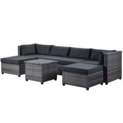 7pc Outdoor Set With Rattan Sofa & Cushions - Gray - GODEER -Sunnydaze Decor Store GUEST 8f292334 9743 4a87 8dda 709fc0392641