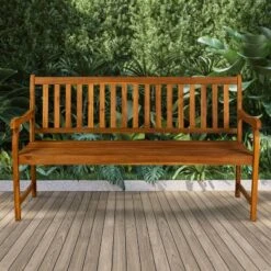 Laurel 3-Seat Slat-Back Acacia Wood Outdoor Garden Patio Bench - JONATHAN Y -Sunnydaze Decor Store GUEST 8f5a0953 bbbf 4c07 87dc 735b1f2a1bdc
