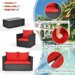 Costway 4PCS Patio Rattan Furniture Set Cushioned Sofa Chair Coffee Table Garden Red -Sunnydaze Decor Store GUEST 8f8fc92d ba95 40ea a746 a01ae6d33396