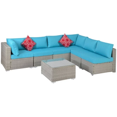 7pc Wicker Patio Conversation Set With Pillows & Cushion - Gray/Blue - GODEER 6 7pc Wicker Patio Conversation Set With Pillows & Cushion - Gray/Blue - GODEER - Image 4