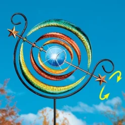 Collections Etc Solar Powered 3-Way Ring Wind Spinner Yard Stake 21.5 X 14.5 X 55.75