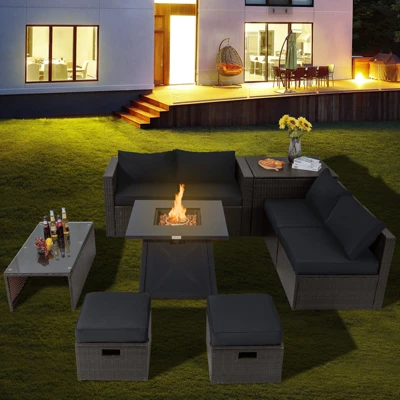 Tangkula 9PCS Outdoor Patio Furniture Set With 30" Propane Fire Pit Table PE Wicker Space-Saving Sectional Sofa Set W/ Storage Box & Cushions 3 Tangkula 9PCS Outdoor Patio Furniture Set With 30" Propane Fire Pit Table PE Wicker Space-Saving Sectional Sofa Set W/ Storage Box & Cushions
