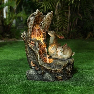 LuxenHome Resin Two Bunnies Tree Stump Outdoor Fountain With LED Lights 3 LuxenHome Resin Two Bunnies Tree Stump Outdoor Fountain With LED Lights