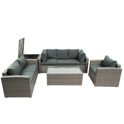 7pc Wicker Patio Seating Set With Storage Box - Gray - GODEER 7 7pc Wicker Patio Seating Set With Storage Box - Gray - GODEER - Image 5