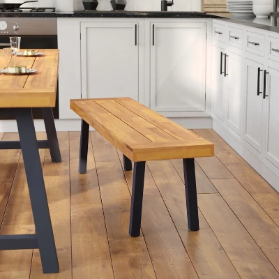 Emma And Oliver Rustic Natural Acacia Wood Bench With Seating For Two, Flared Wooden Legs And Slatted Surface For Indoor And Outdoor Use 3 Emma And Oliver Rustic Natural Acacia Wood Bench With Seating For Two, Flared Wooden Legs And Slatted Surface For Indoor And Outdoor Use