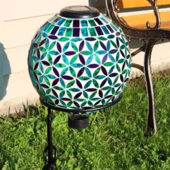 Sunnydaze Decor Sunnydaze Blue Cool Blooms Glass Mosaic Indoor/Outdoor Gazing Globe With Solar Light - 10" Diameter - Blue And Green