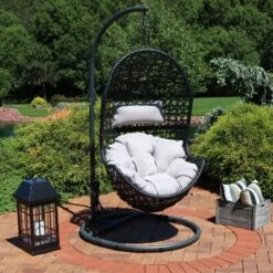 Sunnydaze Decor Sunnydaze Outdoor Resin Wicker Patio Cordelia Hanging Basket Egg Chair Swing With Cushion, Headrest, And Steel Stand Set- 3pc -Sunnydaze Decor Store GUEST 9826f059 7474 484e a64a 071fd3b1aa05