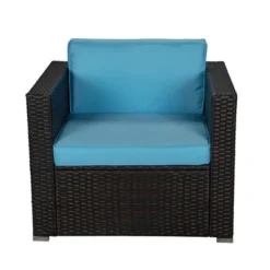 6pc Outdoor Rattan Wicker Set With Sofas, Chairs, Coffee Table & Ottoman - Brown/Blue - GODEER -Sunnydaze Decor Store GUEST 98763457 4e3f 469c b140 41dc7efadc1b