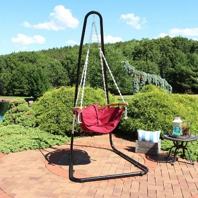 Sunnydaze Decor Sunnydaze Outdoor 1-Person Single Olefin Audrey Hammock Hanging Chair With Bamboo Armrest And Black Steel Stand - Red 3 Sunnydaze Decor Sunnydaze Outdoor 1-Person Single Olefin Audrey Hammock Hanging Chair With Bamboo Armrest And Black Steel Stand - Red