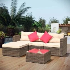 5pc Wicker Patio Sectional Seating Set With Shallow Cushions - Brown - GODEER -Sunnydaze Decor Store GUEST 9b41661e 0676 41aa b9af 3e2c13be24fe