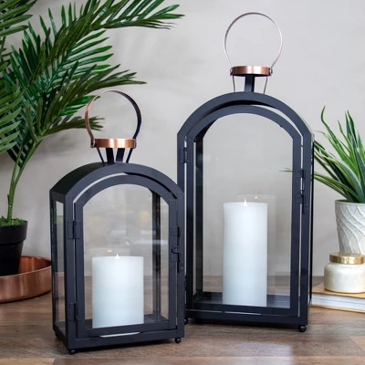 Melrose Set Of 2 Black Metal Dome Lanterns With Copper Handle 20" 3 Melrose Set Of 2 Black Metal Dome Lanterns With Copper Handle 20"