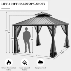 Tangkula 12ft X 10ft Patio Hardtop Gazebo Double Vented Roof Outdoor Galvanized Steel Sun Shelter Brown/Gray