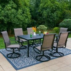 7pc Outdoor Dining Set With Swivel Sling Chairs & Large Metal Rectangle Table With Umbrella Hole - Gray - Captiva Designs