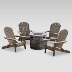 Maison 5pc Acacia Wood And Light Weight Concrete Adirondack Chair And Fire Pit Set - Gray - Christopher Knight Home